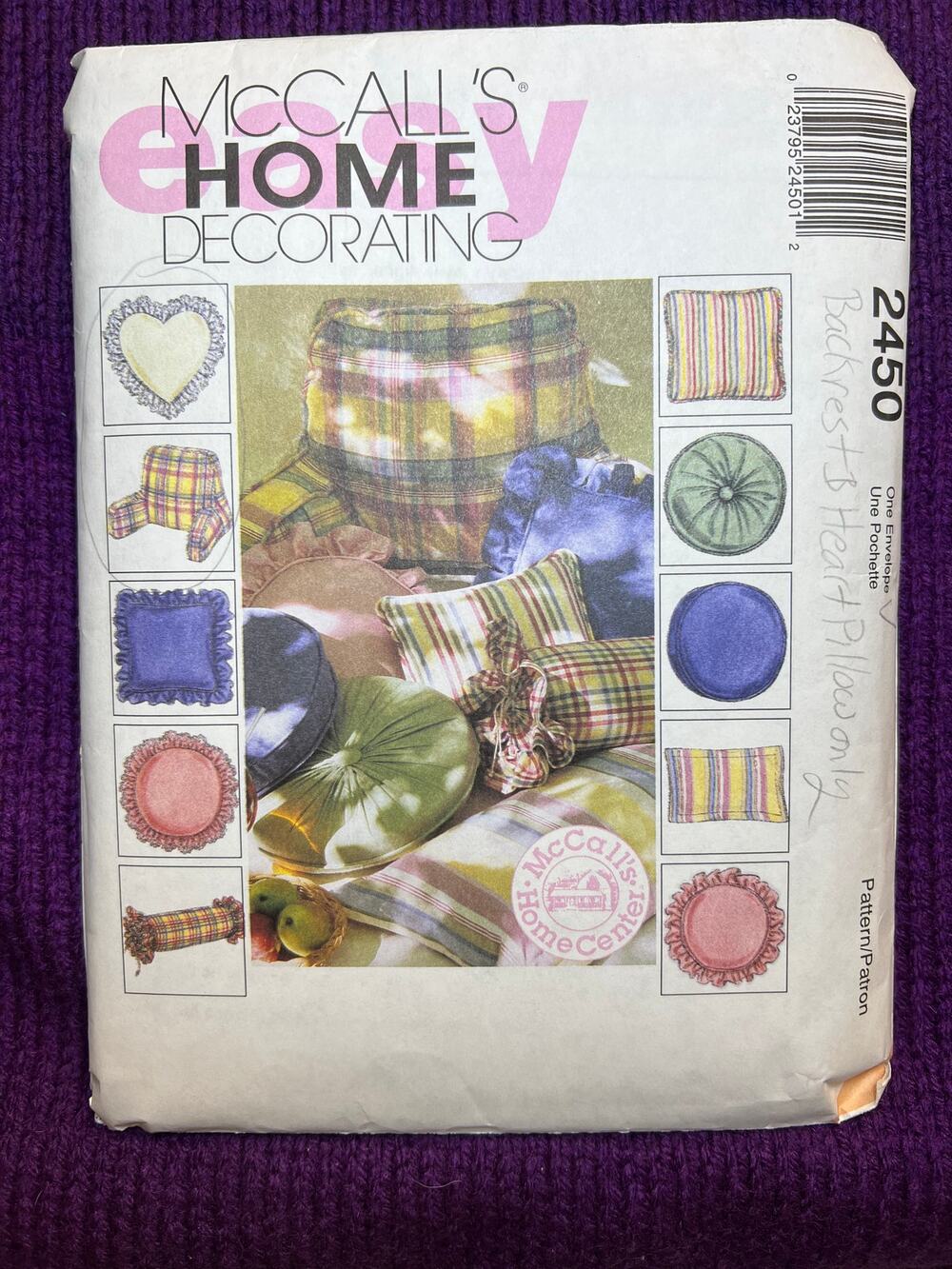 McCalls 2450 Sewing pattern pillow round square heart backrest